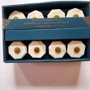 White Stone with Gold Accent Set of 8 Handcrafted Drawer Knobs